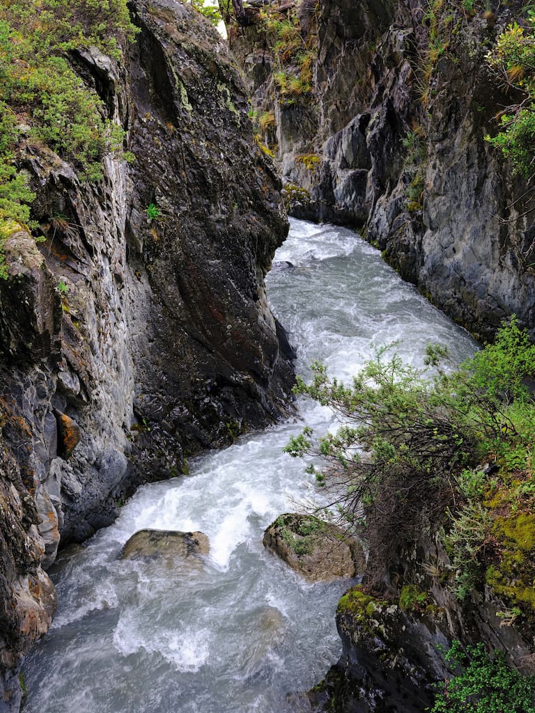 Trekking mirador Grey. Uno de los tantos cursos de agua que cruzan con fuerza hacia el lago Grey. Fotos: Nicolás Janowski