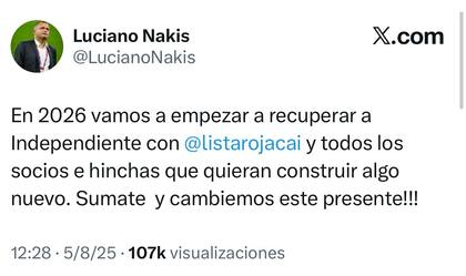 Uno de los tantos tuits sobre Independiente de Luciano Nakis, hombre fuerte de la AFA