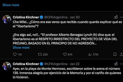 Uno de los tuis de la expresidenta Kirchner en el que se dirige al actual jefe de Estado con la expresión "Che, Milei"