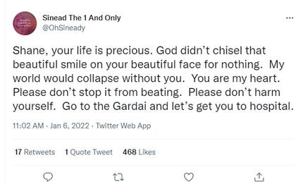 Uno de los tuits con los que O'Connor intentó convencer a su hijo de volver