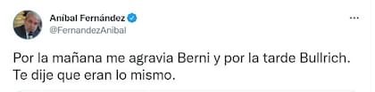 Uno de los tuits de Aníbal Fernández contra Sergio Berni.