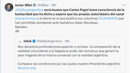 Uno de los tuits de Milei contra Pagni