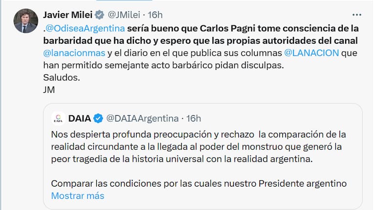 Uno de los tuits de Milei contra Pagni