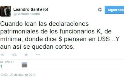 Uno de los tuits de Santoro con críticas al kirchnerismo