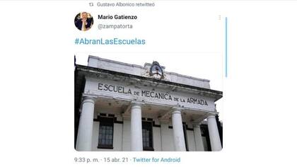 Uno de los tweets de Albónico, difundido por la agencia Télam
