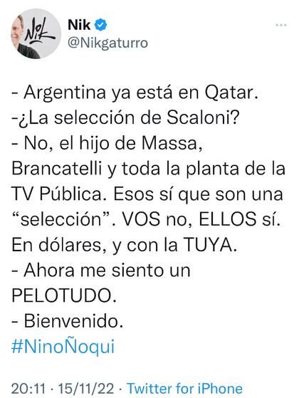 Uno de los tweets de noviembre de 2022 de Nik sobre Tomás Massa que motivaron una carta documento por difamación