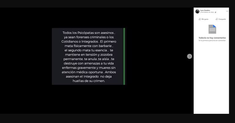 Uno de los últimos posteos de Luna Giardino