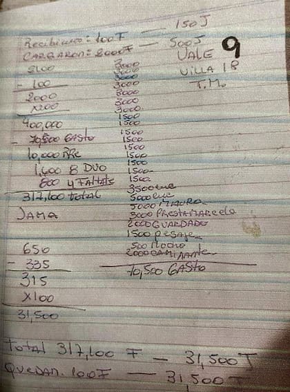 Uno de los "vales" con la contabilidad de la banda narco