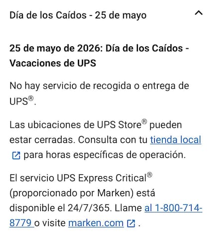 UPS confirmó en su portal oficial que no habrá servicio de recolección ni de entrega de paquetes el lunes 25 de mayo