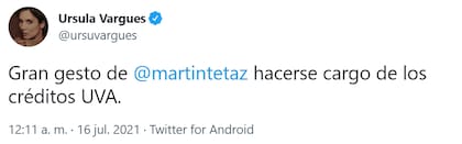 Úrsula Vargues fue la primera en lanzar un duro mensaje en Twitter contra Martín Tetaz