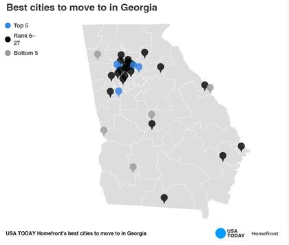 USA TODAY elaboró un mapa con la ubicación de cada ciudad que integro este ranking