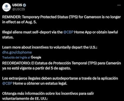 Uscis advierte sobre la terminación del TPS para Camerún