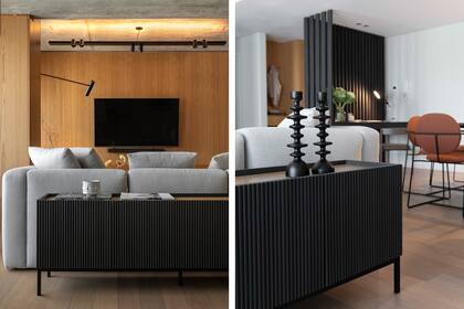 Vajillero varillado de paraíso lustrado con tapa de roble americano y pies de hierro (Paprika). Candelabros de cerámica (VK Home).