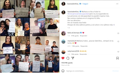 Valentina Bassi se mostró en contra del recorte presupuestario en discapacidad con un posteo en sus redes en el que convocó a su seguidores a participar de la marcha (Foto: Captura Instagram @bassivalentina_)