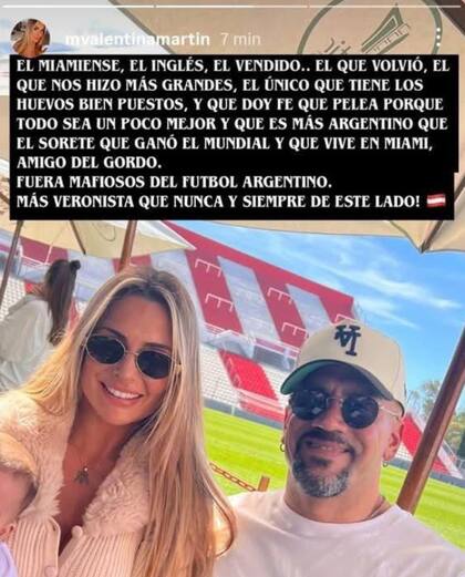 Valentina Martín, esposa de Juan Sebastián Verón, publicó un fuerte descargo en sus redes sociales para defender a su marido (Instagram: @mvalentinamartin)