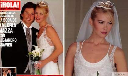 Valeria Mazza en tapa de la revista ¡HOLA! tras su boda con Alejandro Gravier. Lució un traje de novia que Giorgio Armani creó especialmente para ella: un diseño de doble capa con el cuerpo bordado en cristales, acompañado de una tiara y un velo de tul de diez metros