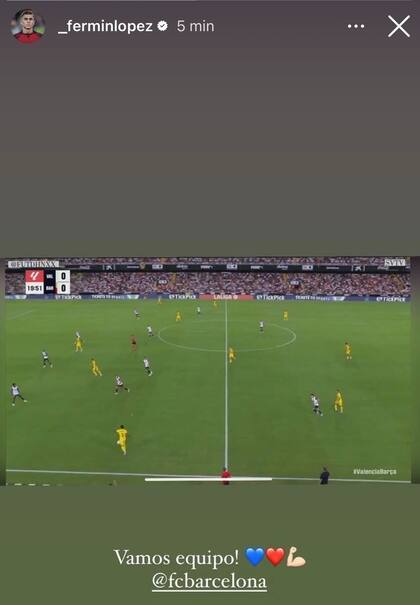 "Vamos equipo!", fue el mensaje de Fermín López en su historia de Instagram, mientras seguía un partido de Barcelona por una página ilegal; al poco tiempo borró el posteo, pero ya era tarde: estaba viralizado.