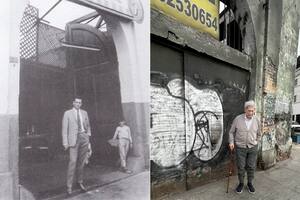 Vargas LLosa, hace 55 años y hoy, frente al edificio del emblemático bar La Catedral que inmortalizó en su novela