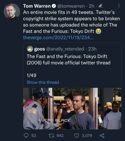 Varias cuentas han tuiteado películas enteras en varios fragmentos, desafiando los sistemas de detección de violación de derechos de autor de Twitter