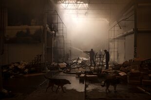 Varias personas intentan extinguir un incendio en un mercado tras un ataque ruso, en Járkiv, Ucrania, el 25 de marzo de 2022