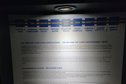 Varios paneles hacen un recorrido histórico por las presidencias del club; este, por las de 1980 hasta la iniciada en 2019.
