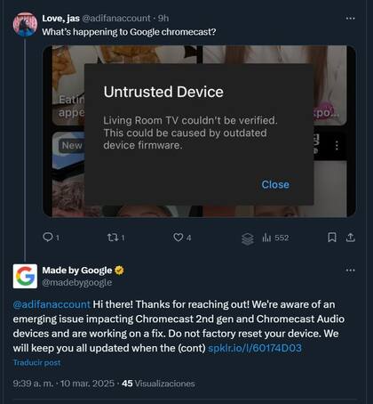 Varios usuarios reportan que los Chromecast de 2da generación dejaron de funcionar el 9 de marzo porque se vencieron sus certificados de validación