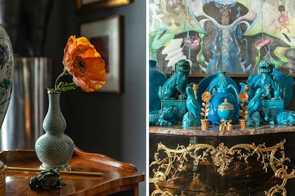 Vaso de porcelana de Sèvres con monturas de plata y flor de papel realizada por Luciana Lobreto. Colección turquesa de cerámicas art déco francesas y porcelanas chinas.