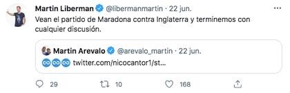 "Vean el partido de Maradona contra Inglaterra y terminemos con cualquier discusión", escribió Liberman en Twitter