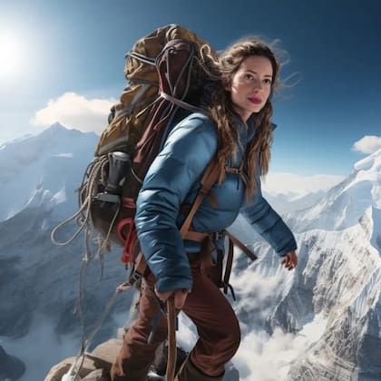 Velasco  en una fotografía creada artificialmente como escaladora rodeada de precipicios y picos de montañas blancas