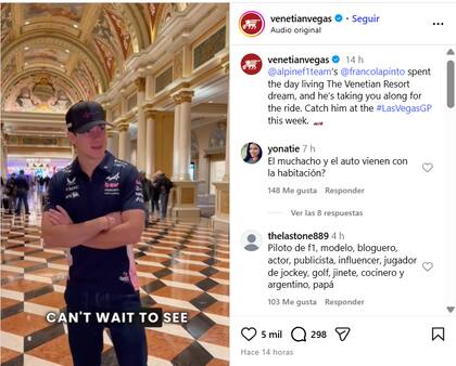 Venetian Resort destacó la llegada de Colapinto a su hotel