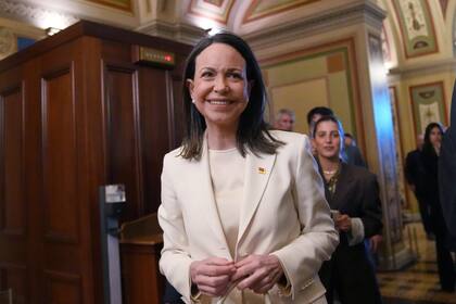 Venezuelan opposition leader María Corina Machado arrives at the Capitol, Thursday, Jan. 15, 2026, in Washington. (AP Photo/Allison Robbert)