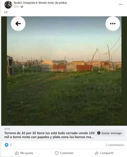 Venta de terrenos ocupados en el barrio Los Hornos en Facebook