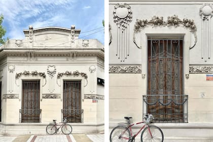 Ventanas coronadas con rosas en una casa de estilo italianizante, con ornamentos art nouveau en una esquina de Flores.