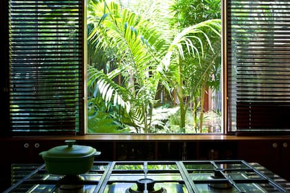 Ventanas corredizas se abren francamente al patio interior diseñado por el paisajista Daniel Mamani, desde el que se asoman palmeras y helechos arborescentes.