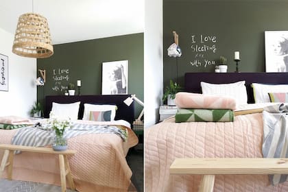 Verde intenso y cálido, un tono jugado para la pared donde se apoya la cama. Para darle un aire más femenino se optó por un suave acolchado a cuadros de color rosa que, además, aporta frescursa