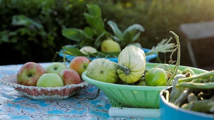 Verduras y frutas sobre una mesa en el jardín de de Lena Israelsson en Estocolmo