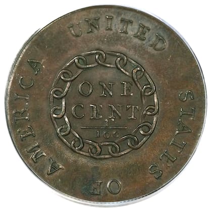 Verificar la presencia de la cadena de 15 eslabones con la inscripción "ONE CENT" y "1/100" en el centro