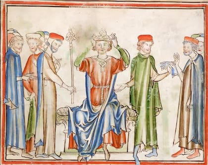 Versión del siglo XIII de la coronación de Harold, de una Vida anónima del rey Eduardo el Confesor (Foto: Gentileza Biblioteca de la Universidad de Cambridge)