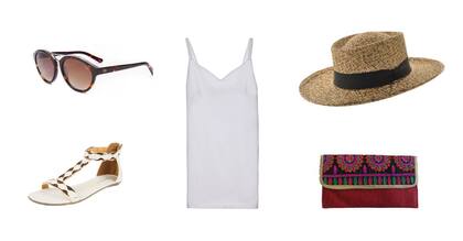 Vestido (Maria Cher, $598 The Net Boutique) Sobre (Indina Shoes & Bags) Sombrero (Compañía de sombreros, $1350) Sandalias (Anca & Co, $959 Dafiti) Anteojos (Interóptica)