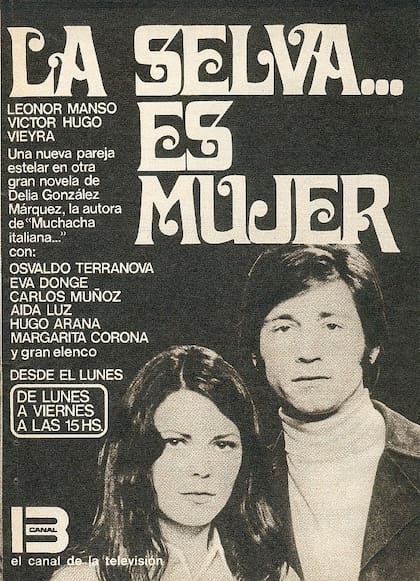 Víctor Hugo Vieyra y Leonor Manso, en una publicidad de la telenovela La selva es mujer (1972)