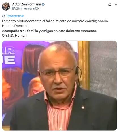 Víctor Zimmermann lamento la muerte de Hernán Damiani (X: @VZimmermannOK)