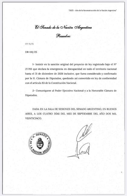 Victoria Villarruel comunicó la insistencia de la ley de discapacidad el 4 de septiembre