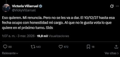Villarruel asegura que la Casa Rosada quiere su renuncia