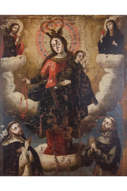 Virgen del Rosario, atribuido a Tomás Cabrera (Salta, fines del siglo XVIII), óleo sobre tela. Cabrera había nacido en Salta hacia 1721 y murió en 1801. Según consta en las actas capitulares de la ciudad, en 1789 fue nombrado maestro mayor de pintura