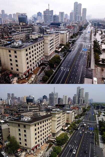Vista aérea combinada de la avenida Yanjiang en el distrito de Hankou de Wuhan, provincia de Hubei, en el centro de China, el 26 de enero de 2020 (arriba) y el 8 de abril de 2020 (abajo)