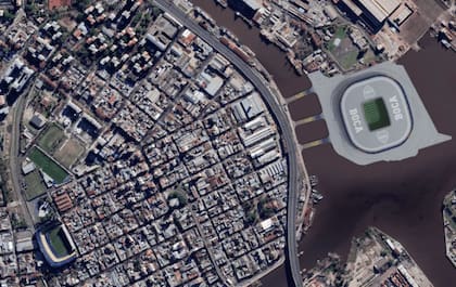 Vista aérea de La Boca y la Isla Demachi, con el estadio proyectado por Jorge Reale
