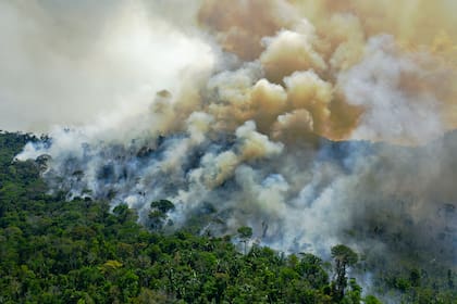 Vista aérea de un área en llamas de la reserva de la selva amazónica, al sur de Novo Progresso en el estado de Pará, el 16 de agosto de 2020