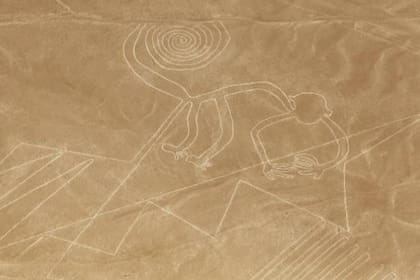 Vista aérea del geoglifo del mono en el desierto de Nazca, Perú