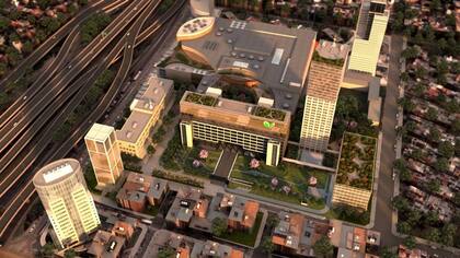 Vista aérea y render de la zona del cruce de General Paz y Panamericana