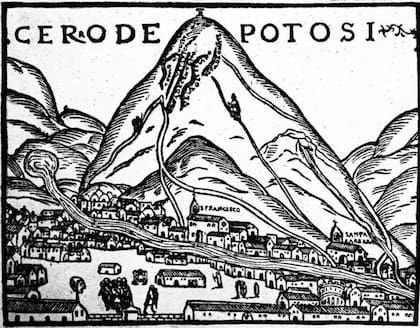 Vista de la ciudad minera de plata de Potosí; en Perú; de Crónica de Perú de Pedro Cieza de León 1553.